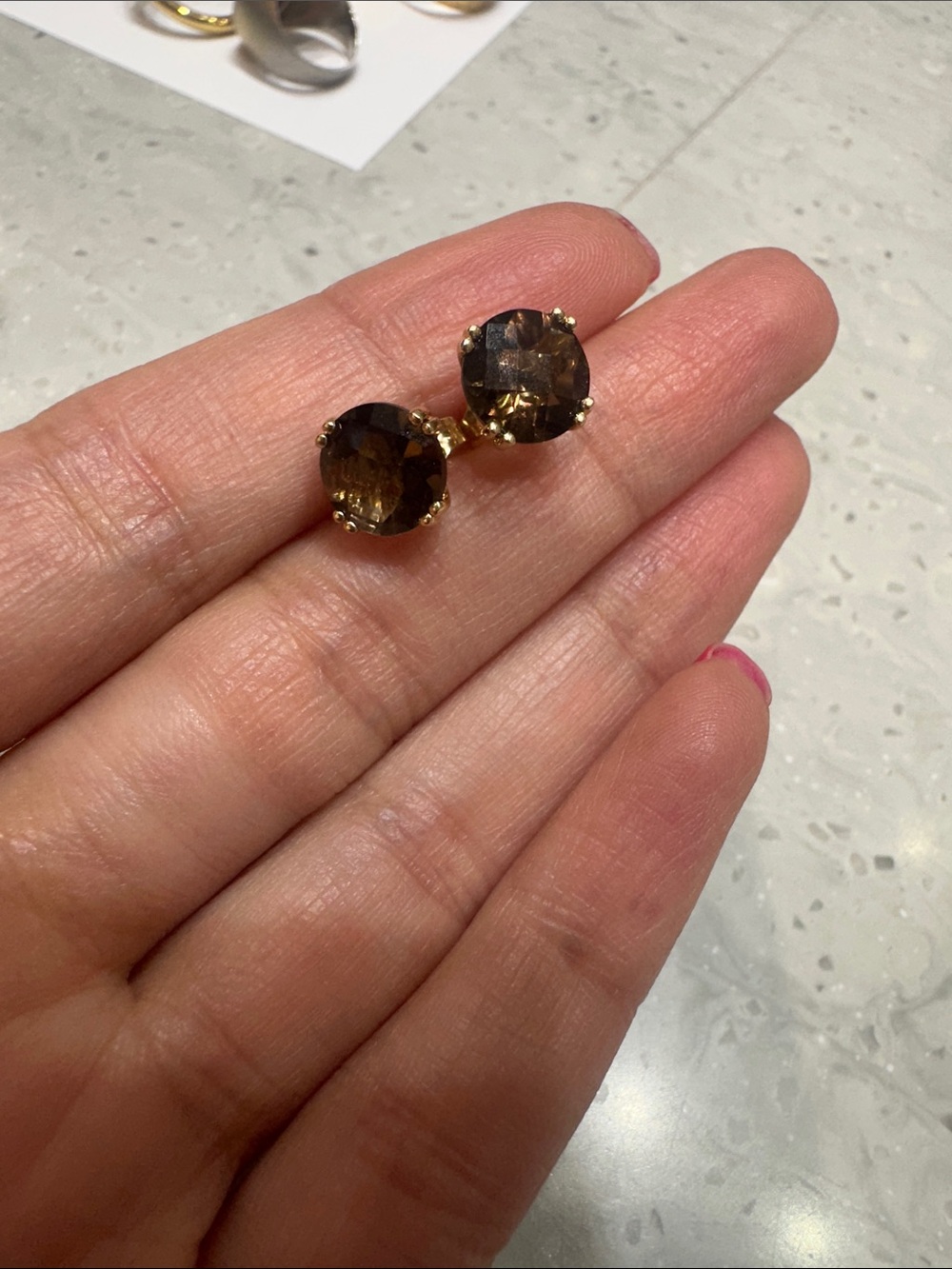Smoky Quartz Round Gold Stud Earrings - Brown